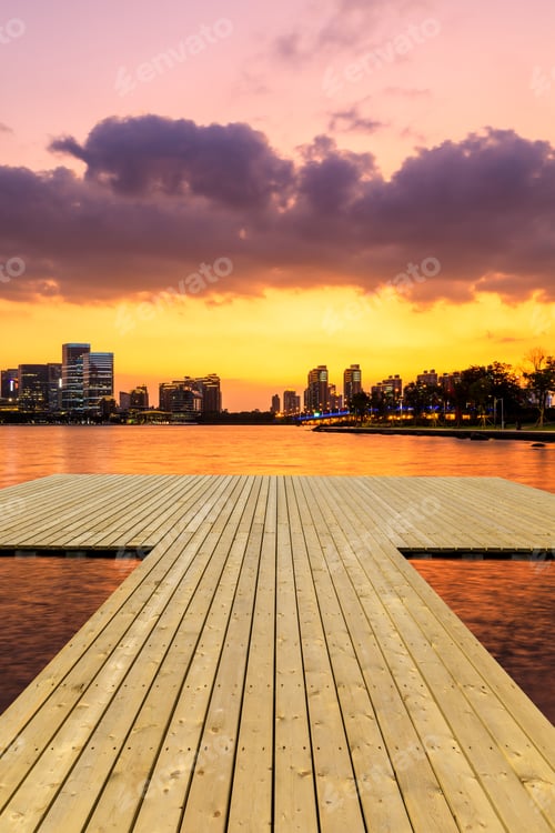 Preview: Wooden Board Square And Suzhou City Skyline At Sunset.