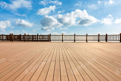 Preview: Lakeside Wood Floor Platform And Blue Sky With White Clouds