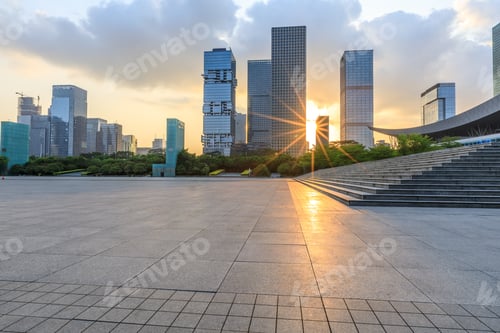 Preview: Empty Square Floor And Modern Commercial Building At Sunrise In Shenzhen