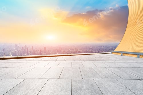 Preview: Shanghai City Skyline And Empty Square Floor With Beautiful Clouds Scenery At Sunset