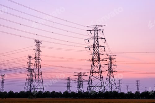 Preview: High Voltage Electricity Tower Sky Sunset Landscape,Industrial Background.