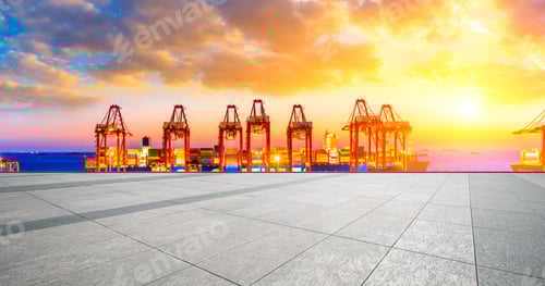 Preview: Empty Square Floor And Industrial Container Terminal At Beautiful Sunset In Shanghai.
