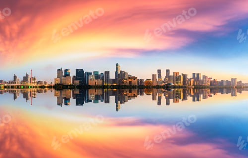 Preview: Panoramic City Skyline With Buildings In Hangzhou At Sunrise