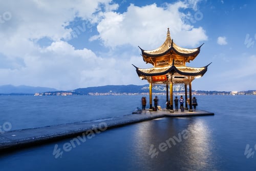 Preview: Ancient Pavilion Of Hangzhou West Lake At Dusk, In China