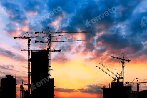 Preview: Beautiful Urban Construction Site Silhouettes At Sunset