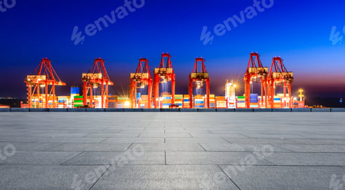 Preview: Empty Square Floor And Industrial Container Terminal At Beautiful Sunset In Shanghai.