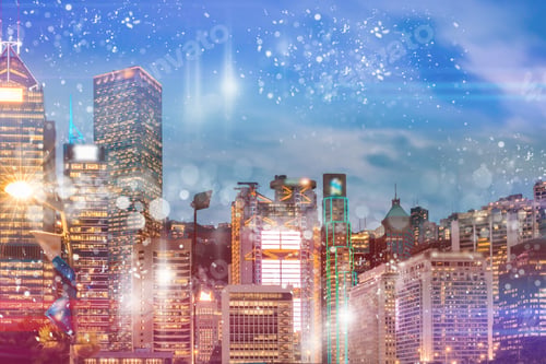 Preview: Abstract Colorful Circular Bokeh With City Background. Double Exposure