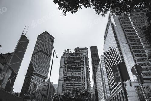 Preview: Hong Kong Commercial Building Close Up; Black And White Style