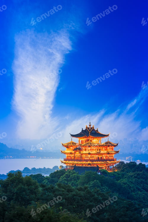 Preview: Beautiful Hangzhou West Lake And Ancient Pavilion Architectural Scenery At Sunset
