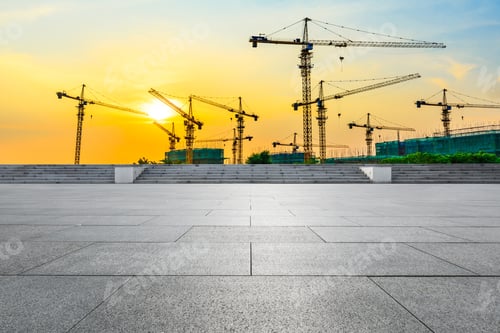 Preview: Empty Square Floor And Construction Site Silhouette At Sunrise.