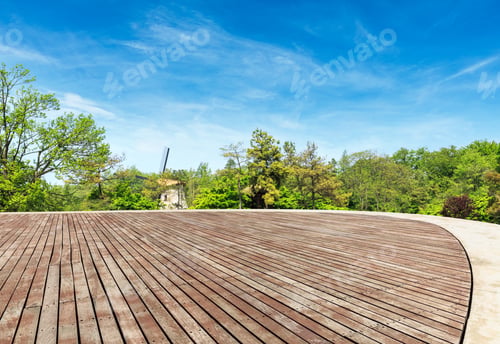 Preview: Wood Square Ground And Green Mountain Natural Landscape In Summer