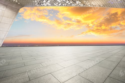 Preview: Empty Square Floor And Modern City Skyline With Beautiful Colorful Clouds At Sunset