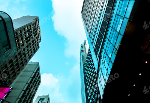 Preview: Windows Of Skyscraper Business Office With Blue Sky, Corporate Building In Hong Kong