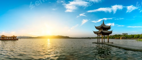 Preview: Hangzhou West Lake Jixian Pavilion At Sunset,Panoramic View