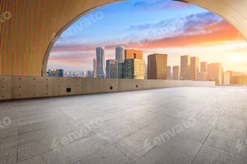 Preview: Empty Floor And City Skyline At Sunrise In Hangzhou,High Angle View