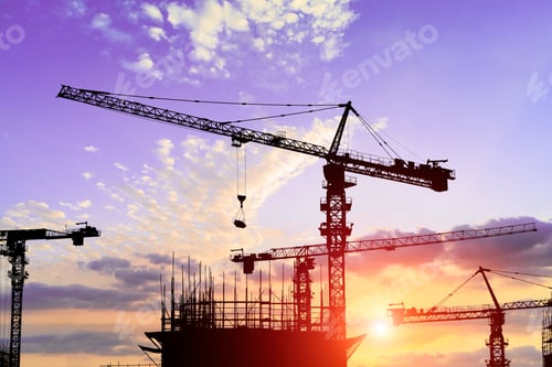 Preview: Crane And Building Construction Site At Sunset