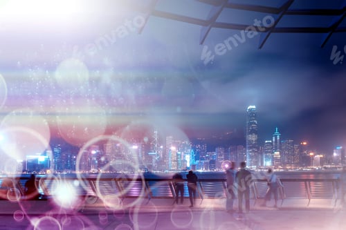 Preview: Abstract Colorful Bokeh With City Night Background. Double Exposure