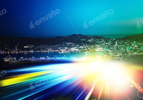 Preview: Abstract Colorful Circular Bokeh With City Background. Double Exposure