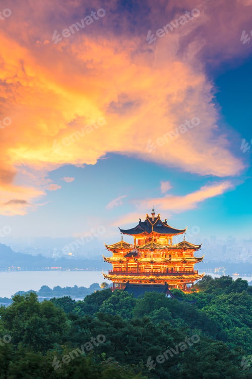 Preview: Beautiful Hangzhou West Lake And Ancient Pavilion Architectural Scenery At Sunset