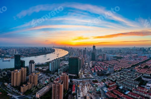 Preview: Aerial View Of Modern City Skyline And Buildings At Sunrise In Shanghai.
