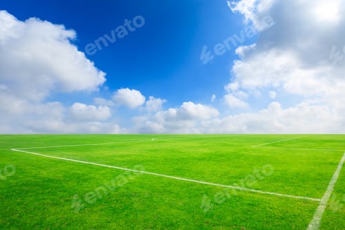 Aperçu: Terrain de football vert sous fond de ciel bleu