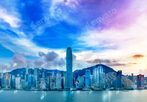 Preview: Abstract Bokeh Light With Hong Kong City Night View Background; Double Exposure