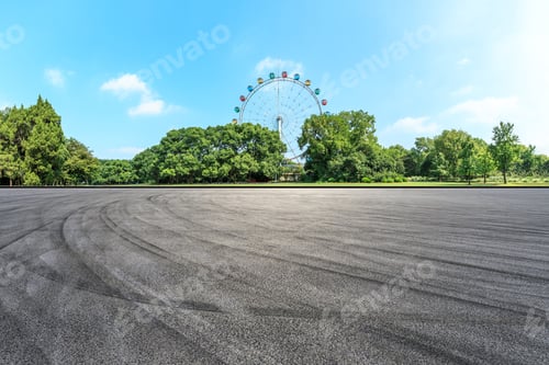 Preview: Asphalt Square Road And Ferris Wheel With Green Forest Landscape