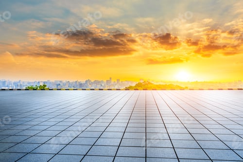 Preview: Empty Square Floor And City Skyline With Buildings In Hangzhou At Sunrise.