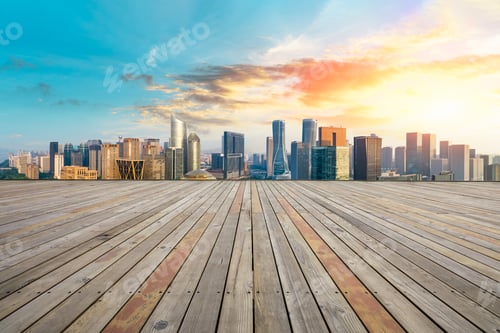 Preview: Panoramic City Skyline And Buildings With Wooden Square Floor In Hangzhou,High Angle View