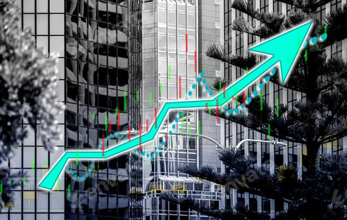 Preview: Index Graph Chart With Buildings Background Double Exposure. Financial Research Concept.