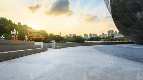 Preview: Beautiful City Gardens And Traditional Pavilion Buildings And Empty Floors In Shanghai,China