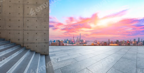 Preview: Empty Square Floor And Modern City Skyline In Shanghai At Sunset,High Angle View
