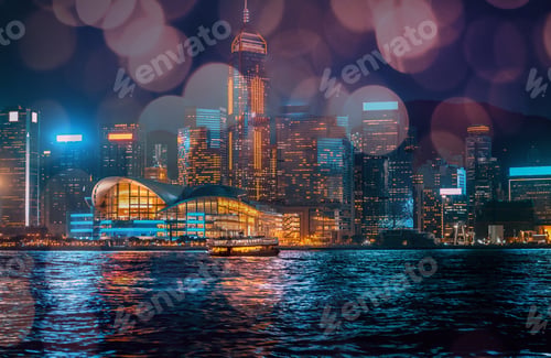 Preview: Hong Kong Harbor View At Night With Circle Bokeh
