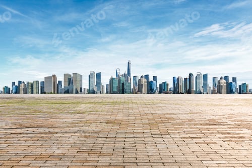 Preview: Empty Square Floor And Panoramic City Skyline With Buildings In Shanghai