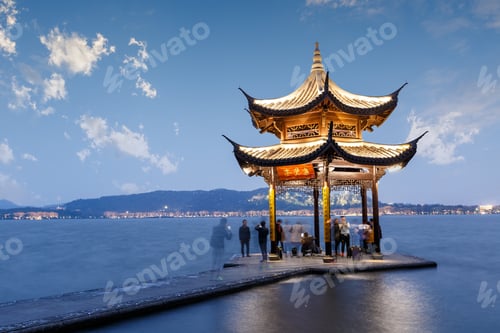 Preview: Ancient Pavilion Of Hangzhou West Lake At Dusk, In China