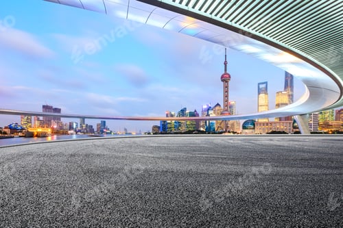 Preview: Empty Asphalt Road And Modern City Landmark Building With Bridge In Shanghai