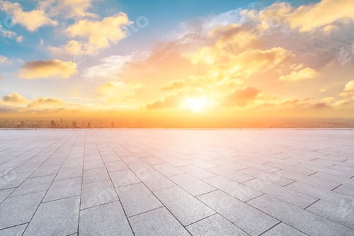 Preview: Empty Floor And City Skyline With Beautiful Clouds Scenery In Shanghai At Sunset.High Angle View.