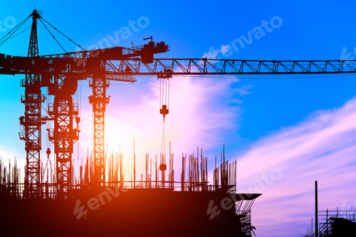 Preview: Crane And Building Construction Site At Sunset