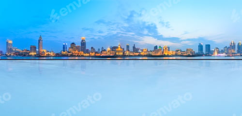 Preview: Shanghai Historic Building At Night On Huangpu River And Empty Square Floor