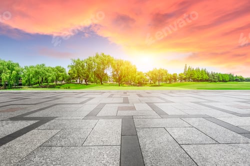 Preview: Empty Square Floor And Green Forest Natural Scenery At Sunset