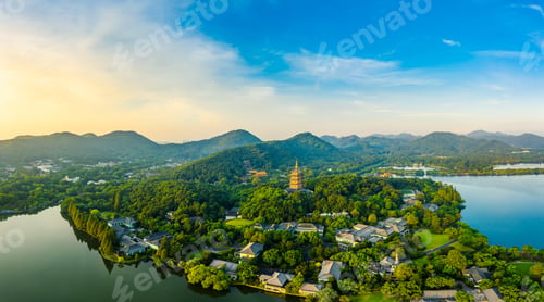 Preview: West Lake Leifeng Pagoda Scenery In Hangzhou At Sunrise,China.Aerial View.