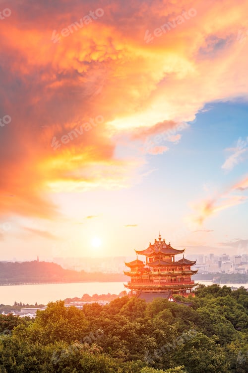 Preview: Beautiful Hangzhou West Lake And Ancient Pavilion Architectural Scenery At Sunset