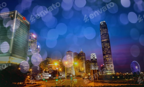 Preview: Hong Kong Harbor View At Night With Circle Bokeh