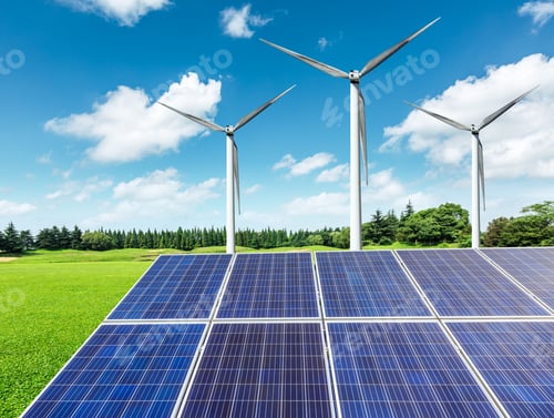 Preview: Solar Panels And Wind Turbines In Green Grass Field