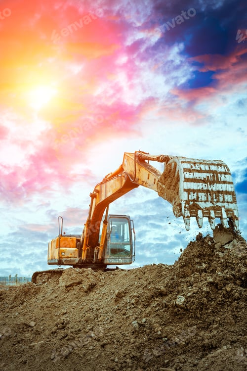 Preview: Excavator In Construction Site On Sunset Sky Background