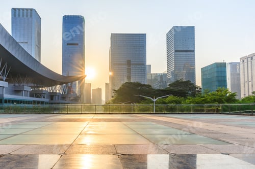 Preview: Empty Square Floor And Modern Commercial Building At Sunrise In Shenzhen