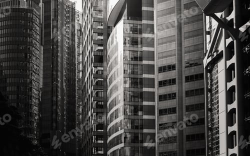 Preview: Bottom Up View Of Modern Office Building In Hong Kong With B&W Color