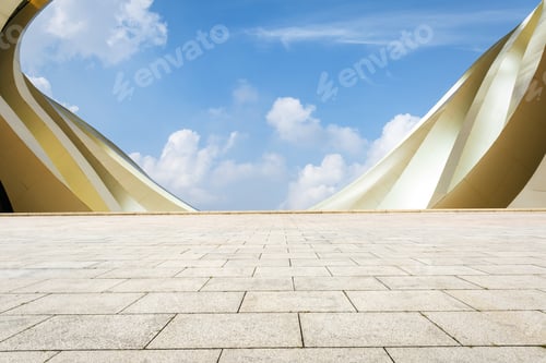 Visualização: Piso quadrado vazio com horizonte e edifícios