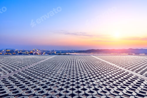 Preview: Empty Square Floor And Beautiful City Scenery With Mountain In Hangzhou