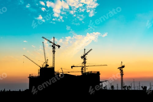 Preview: Beautiful Urban Construction Site Silhouettes At Sunset